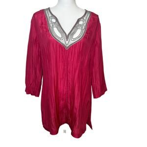 Escada sport fuschia crinkled  silk silver lace embroidery tunic size US 12 (42)